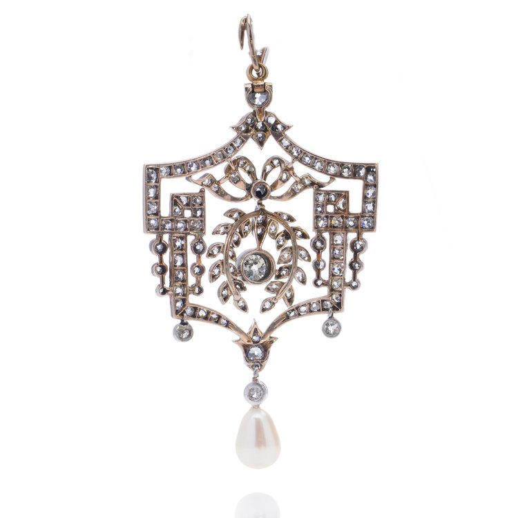 Belle Epoque Old Cut Diamond Pendant with Natural Pearl