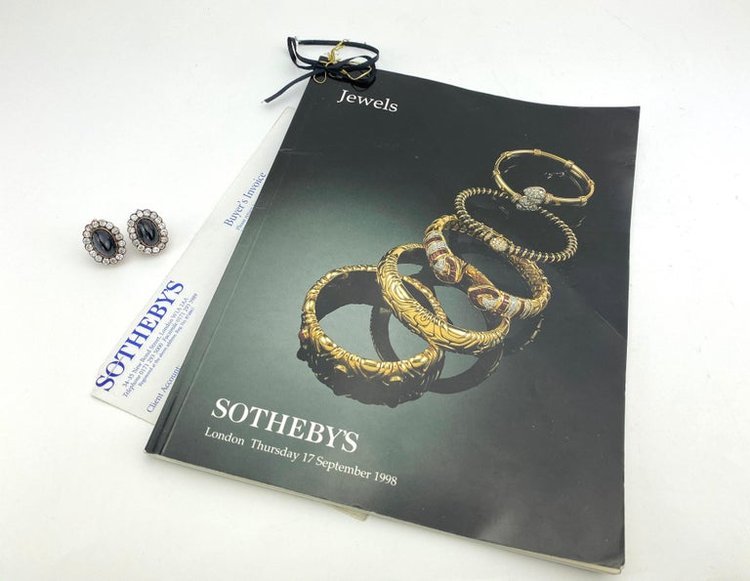 Antique Russian 12ct Cabochon Sapphire and Old Cut Diamond Cluster Earrings