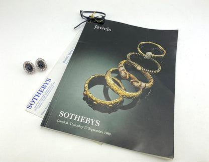 Antique Russian 12ct Cabochon Sapphire and Old Cut Diamond Cluster Earrings