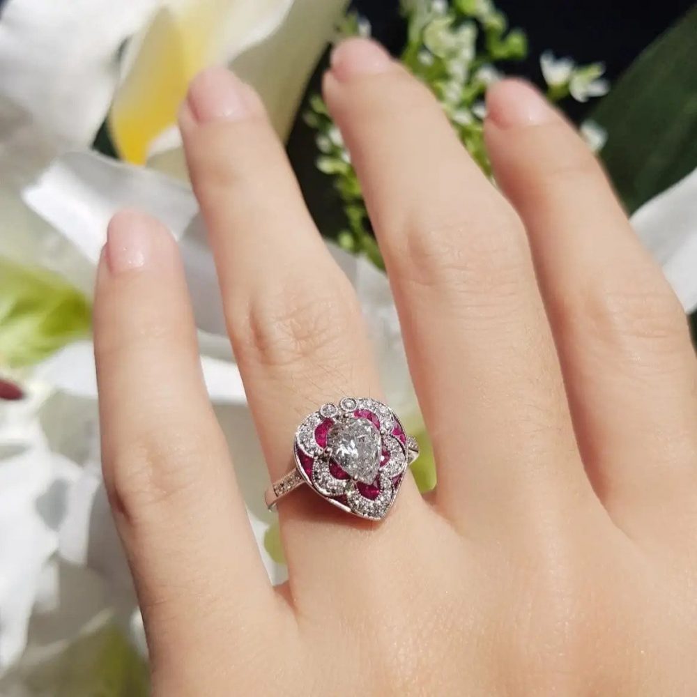 GIA Certified 1.05ct Pear Cut Diamond and Ruby Heart Shaped Cluster Ring