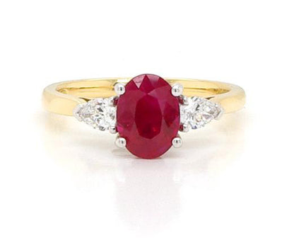 Oval Cut 0.88ct Ruby and Diamond Three Stone Ring, 18ct yellow gold