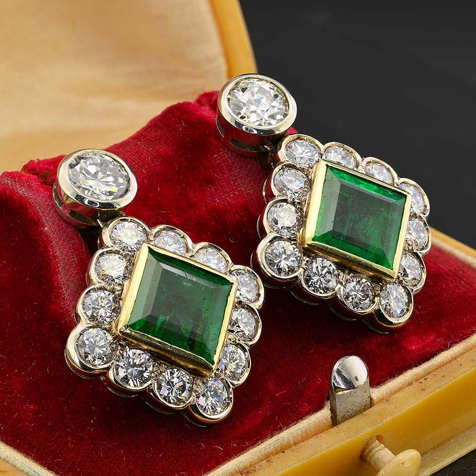 Art Deco 3.54ct Colombian Emerald and 5.75ct Diamond Cluster Drop Earrings
