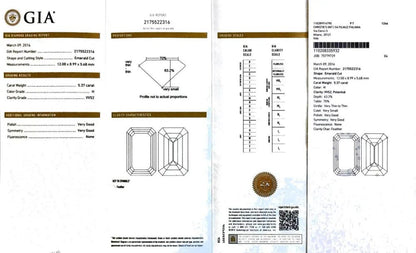 GIA Certified Art Deco Emerald Cut Diamond Drop Earrings, 5.37ct and 5.26ct, H colour and VVS/VS clarity