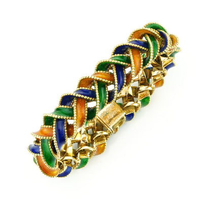 Vintage Van Cleef and Arpels 18ct Gold and Enamel Plait Bracelet; a plaited 18ct yellow gold bracelet decorated with orange, green and blue enamel, Signed and Numbered, in original box, Circa 1960s