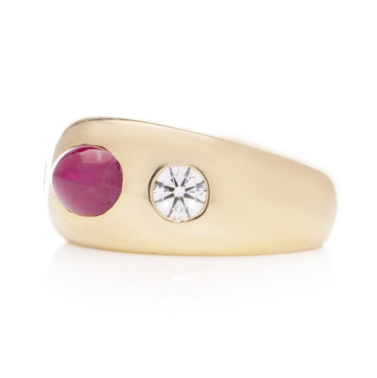 Vintage Bvlgari 1.29ct Burma Ruby and Old European Cut Diamond Three Stone Gypsy Ring in 18ct Yellow Gold