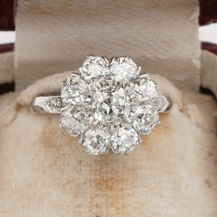 Edwardian Antique 3.15ct Old Cut Diamond Daisy Flower Cluster Engagement Ring in Platinum