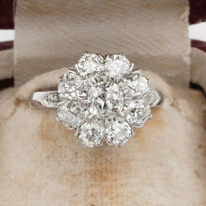 Edwardian Antique 3.15ct Old Cut Diamond Daisy Flower Cluster Engagement Ring in Platinum