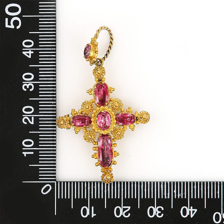 Antique Georgian Pink Topaz Cannetille Cross Pendant Brooch