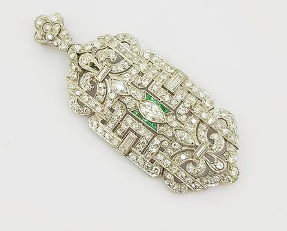 Antique Diamond and Emerald set Brooch Pendant; set with marquise and brilliant cut diamonds, central emerald border, geometric design, 18ct white gold