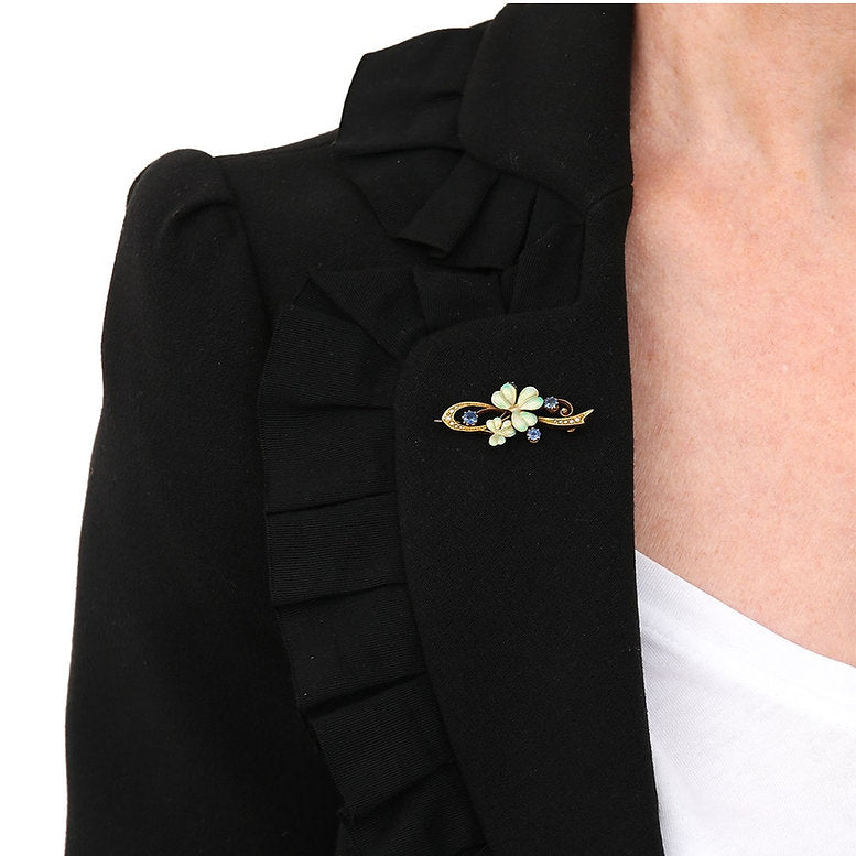 Art Nouveau Sapphire Pearl and Enamel Flower Brooch