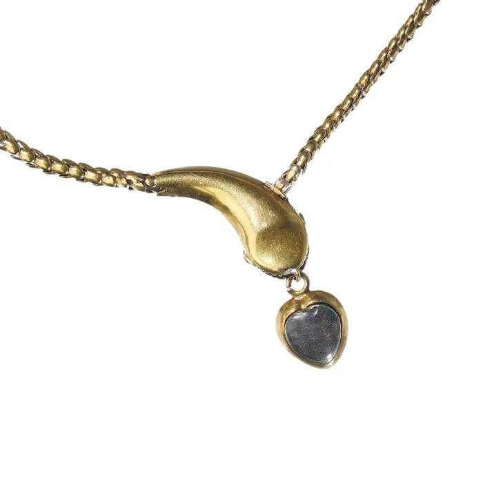 Victorian Antique Natural Pearl Blue Enamel and Gold Snake Necklace with Garnet Eyes, Circa 1850