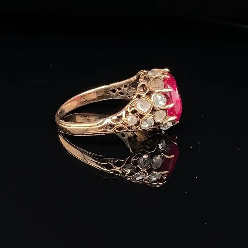 Antique Georgian Certified Natural Unheated 3.34ct Burma Ruby and Old Cut Diamond Ring