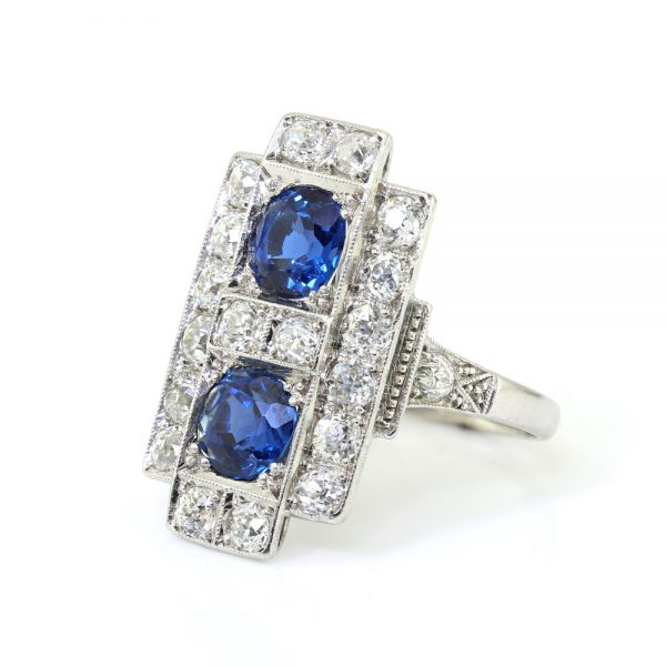 Art Deco Sapphire and Old Cut Diamond Plaque Ring in Platinum, S1.50cts D1.40cts, Circa 1920s