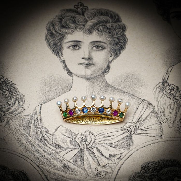 Art Deco French 18ct Yellow Gold Crown Brooch with Multi Gemstones and Natural Pearls