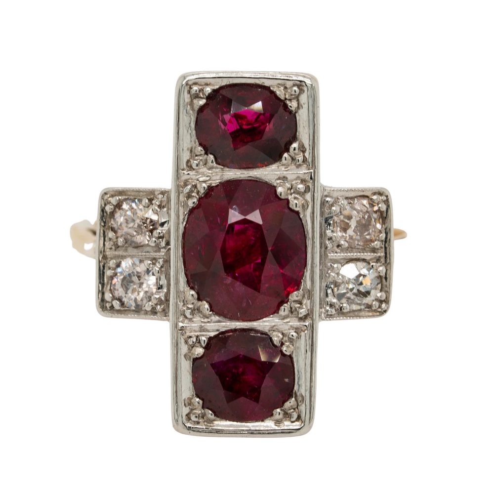 Antique 3.50ct Ruby Trilogy and Old Cut Diamond Tablet Plaque Ring