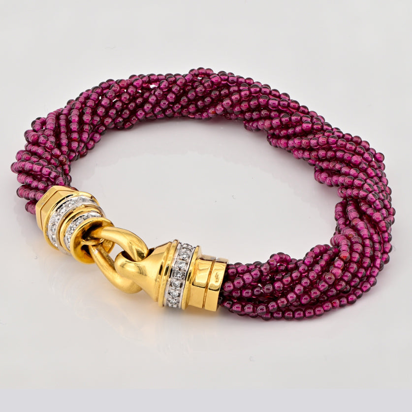 Vintage 1970s Italian Red Tourmaline Rubellite Bead Bracelet with Diamond Clasp