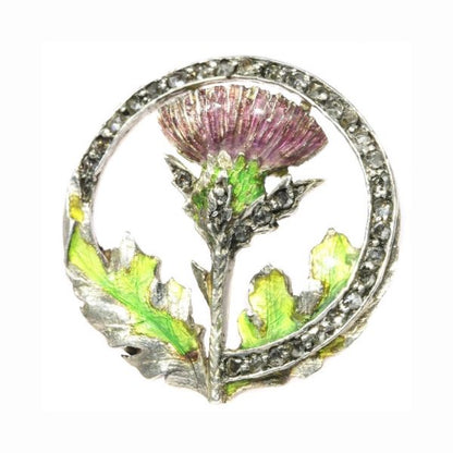 Victorian / Art Nouveau Enamel Thistle Brooch with Rose Cut Diamonds
