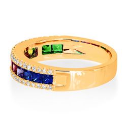 Rainbow Fancy Sapphire Half Eternity Band Ring, 0.91cts square princess cut blue, purple, pink, yellow and green sapphires in 18ct rose gold