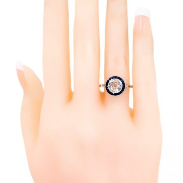 Art Deco 1.23ct Old Mine Cut Diamond and Calibre Sapphire Target Ring in Platinum