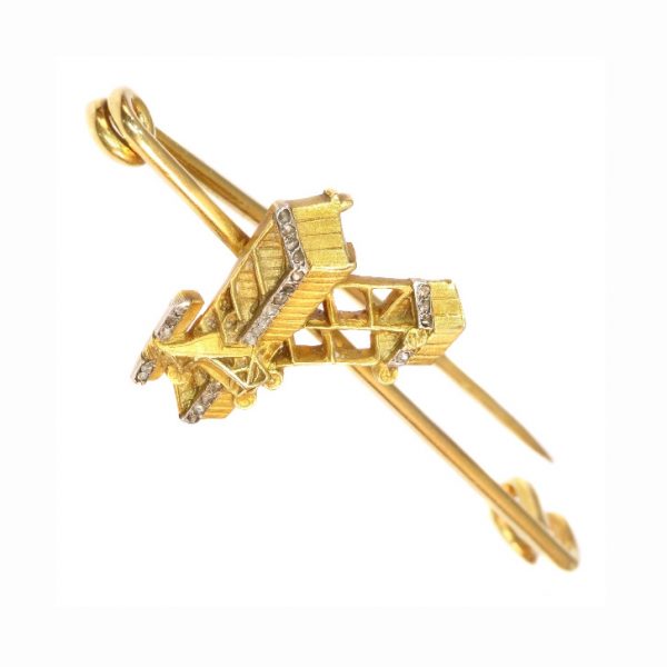 Unique Engraved Diamond and 18ct Yellow Gold Aviation Brooch, c.1908