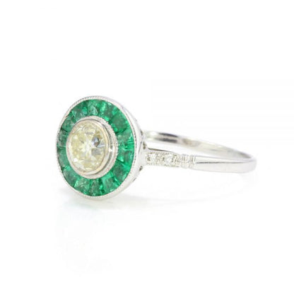 0.45ct Old Cut Diamond and Emerald Cluster Target Ring in 18ct White Gold