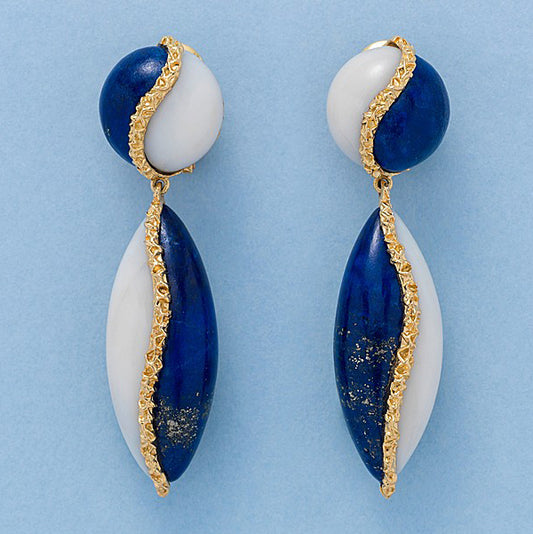 Vintage French Lapis Lazuli and White Coral Drop Earrings