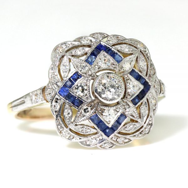Art Deco Sapphire and Old Cut Diamond Cluster Dress Ring