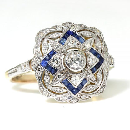 Art Deco Sapphire and Old Cut Diamond Cluster Dress Ring