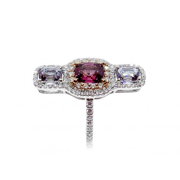 Contemporary 1.62ct Pink and Lilac Spinel Three Stone Ring with Diamonds