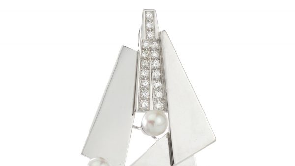 Vintage Natural Pearl, Diamond, 18ct Gold Geometric Brooch Pendant