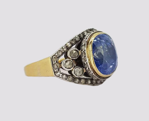 Antique Victorian Natural Sapphire and Rose Cut Diamond Ring