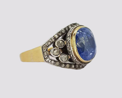Antique Victorian Natural Sapphire and Rose Cut Diamond Ring
