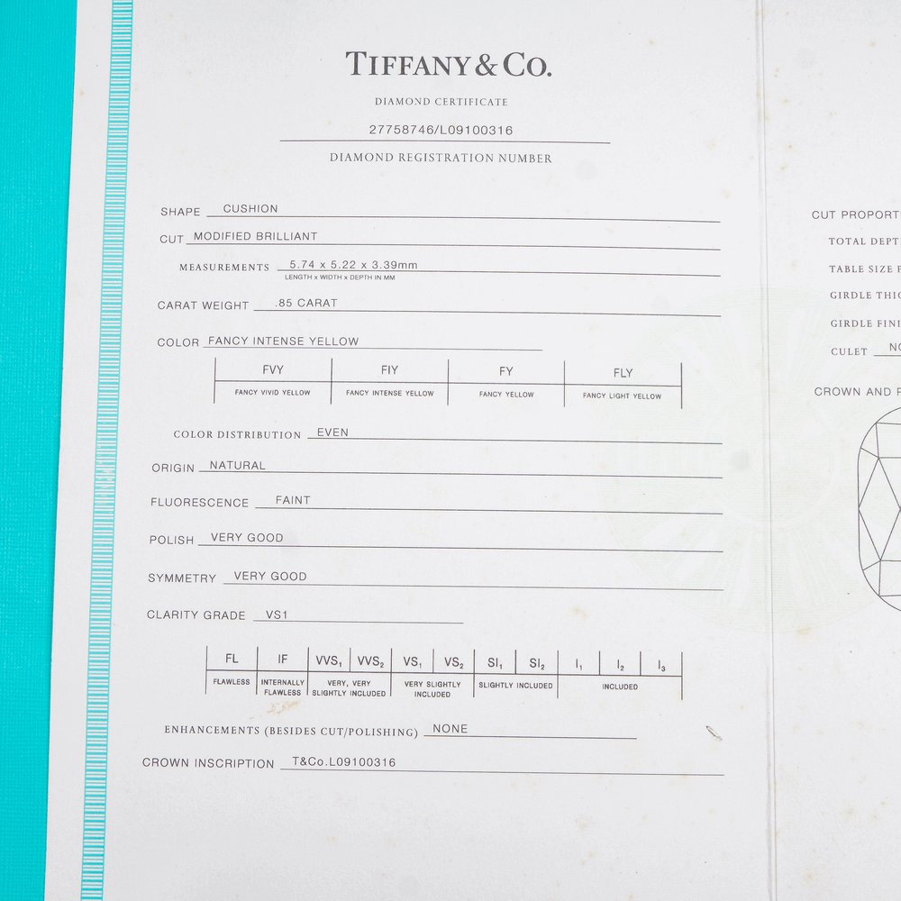 Tiffany & Co 0.85ct Fancy Intense Yellow Diamond Ring with Certificate