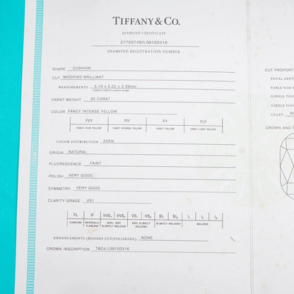 Tiffany & Co 0.85ct Fancy Intense Yellow Diamond Ring with Certificate