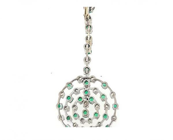 Contemporary Emerald and Diamond Circular Openwork Drop Earrings; round emeralds and brilliant-cut diamonds set in openwork circle design, 18ct white gold.