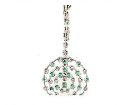 Contemporary Emerald and Diamond Circular Openwork Drop Earrings; round emeralds and brilliant-cut diamonds set in openwork circle design, 18ct white gold.