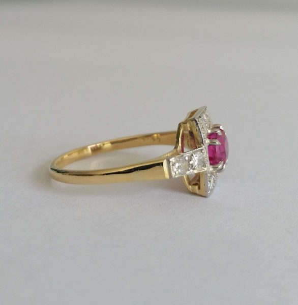 Art Deco Pink Sapphire and Old Cut Diamond Cluster Ring