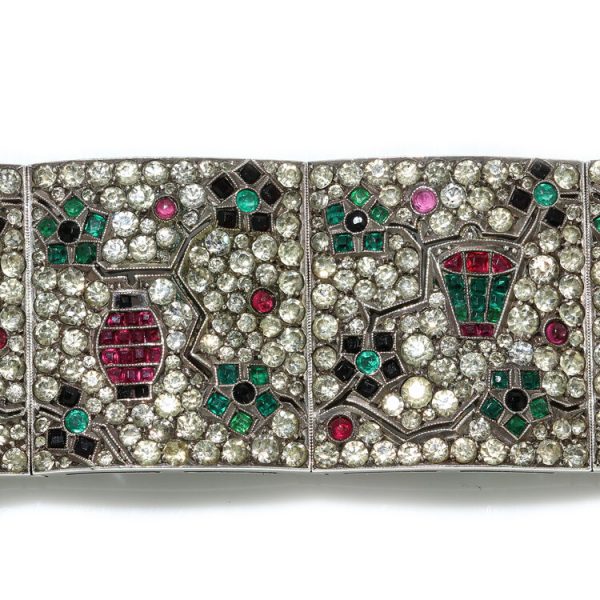 Art Deco Silver Bracelet with Rubies, Emeralds, Sapphires and Paste
