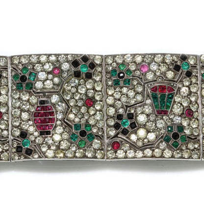 Art Deco Silver Bracelet with Rubies, Emeralds, Sapphires and Paste