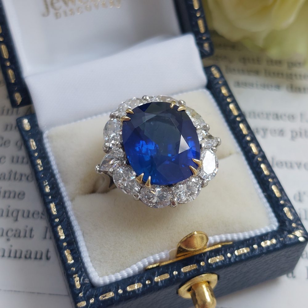 9.04ct Cushion Sapphire and Diamond Cluster Ring