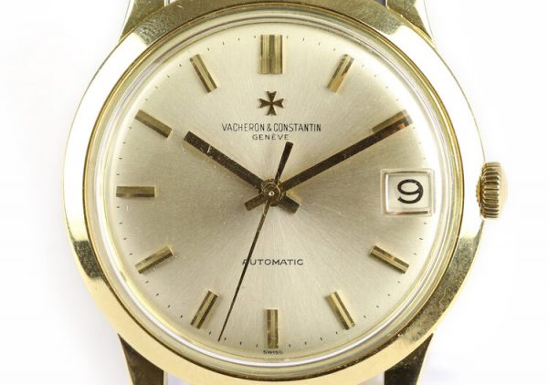 Vacheron Constantin 18ct Yellow Gold 35mm Automatic Gents Watch; champagne dial with gold baton hour markers and date aperture at 3, on a black leather strap
