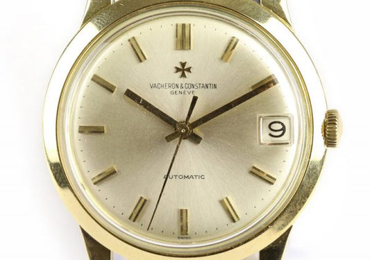 Vacheron Constantin 18ct Yellow Gold 35mm Automatic Gents Watch; champagne dial with gold baton hour markers and date aperture at 3, on a black leather strap