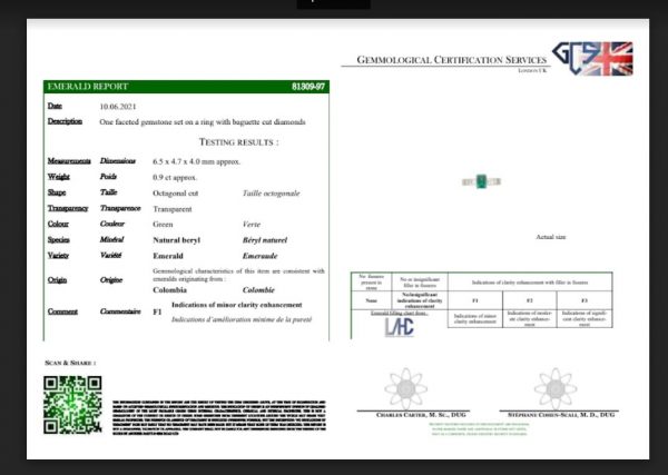 Vintage 0.90ct Emerald Cut Colombian Emerald and Diamond Ring in 18ct White Gold, with GCS Certificate