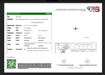 Vintage 0.90ct Emerald Cut Colombian Emerald and Diamond Ring in 18ct White Gold, with GCS Certificate