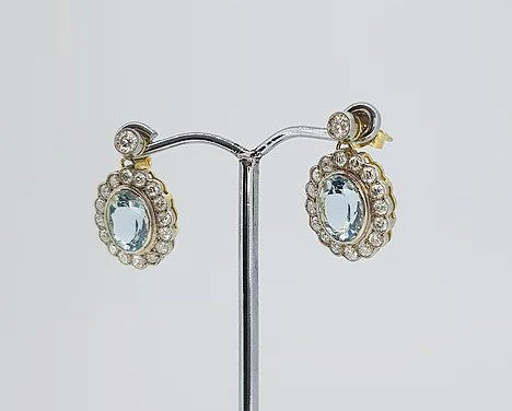 3.80ct Aquamarine and Diamond Oval Cluster Drop Earrings, in 18ct gold