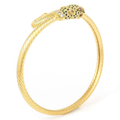 Vintage Gold Leopards Head Bangle with Diamonds, Rubies and Black Enamel Spots