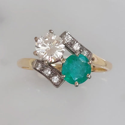 Vintage Emerald and Diamond Toi et Moi Two Stone Crossover Engagement Ring