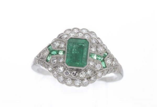 Art Deco Style Emerald, Diamond and Platinum Cluster Dress Ring