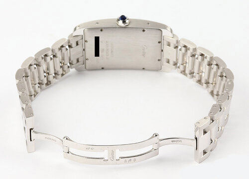 Cartier Tank Americaine Large size 18ct White Gold Automatic, Ref 2521, silver dial, Roman numerals, date indicator at 6, sapphire crystal, 18ct white gold bracelet with hidden clasp, with Cartier box and papers.