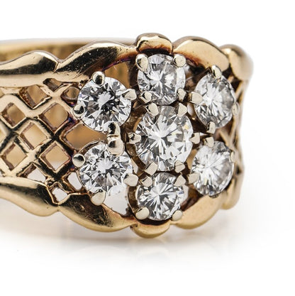 Vintage Pierced Gold Band Ring with 1.85ct Diamond Floral Cluster